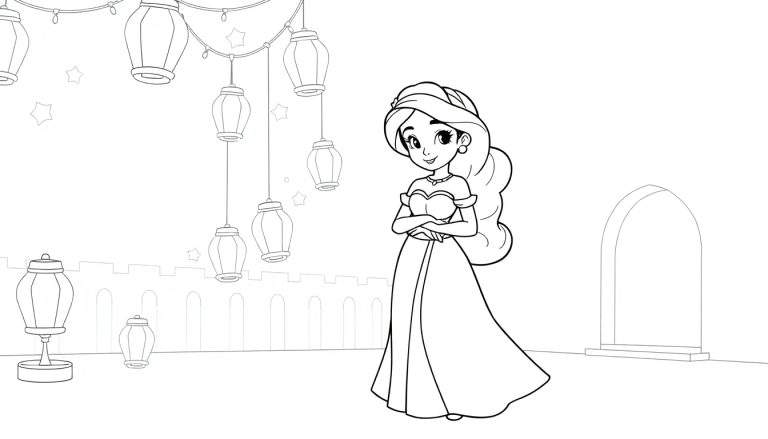 A black and white cartoon of a princess with crossed arms, wearing a tiara and gown, with lanterns and a castle in the background, perfect for a color panel.
