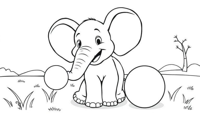 A happy baby elephant playing with a ball in a park, ready for coloring! This color panel shows a cute elephant waiting for your colors.
