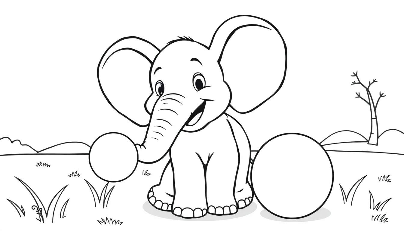 A happy baby elephant playing with a ball in a park, ready for coloring! This color panel shows a cute elephant waiting for your colors.