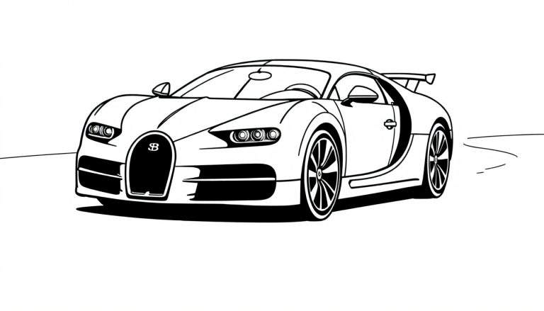 A cute, friendly Bugatti car in black and white line art, ready for coloring. This color panel features a zoom-ready race car!