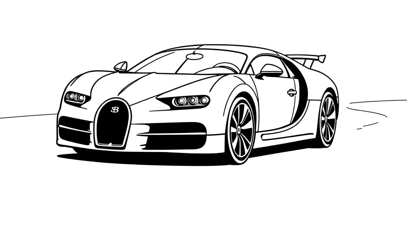 A cute, friendly Bugatti car in black and white line art, ready for coloring. This color panel features a zoom-ready race car!