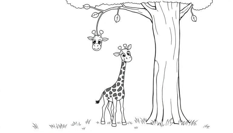 A cute baby giraffe in a black and white coloring panel, reaching for a tasty leaf on a tall tree with another giraffe's head peeking from a branch.