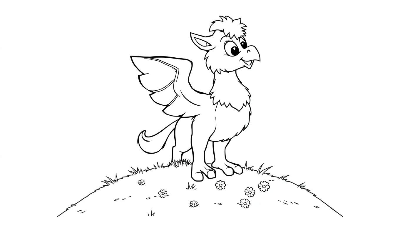 A friendly griffin in black and white line art, perfect for a color panel.
