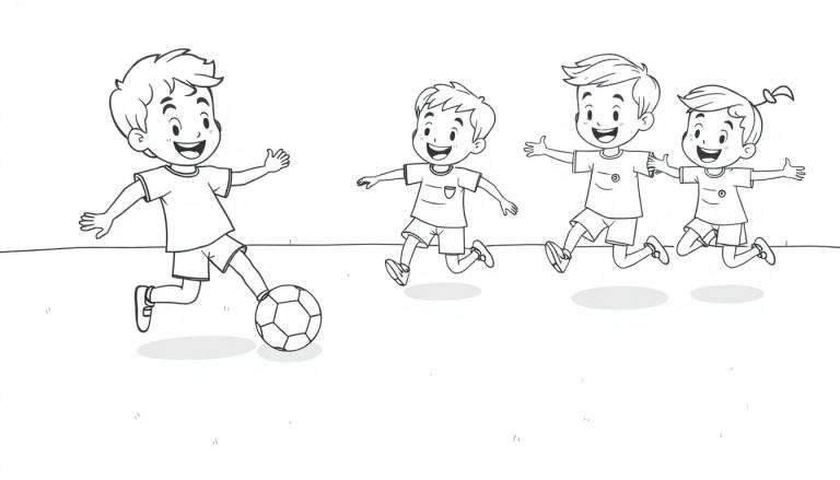 A black and white coloring page color panel of four cartoon children playing soccer.