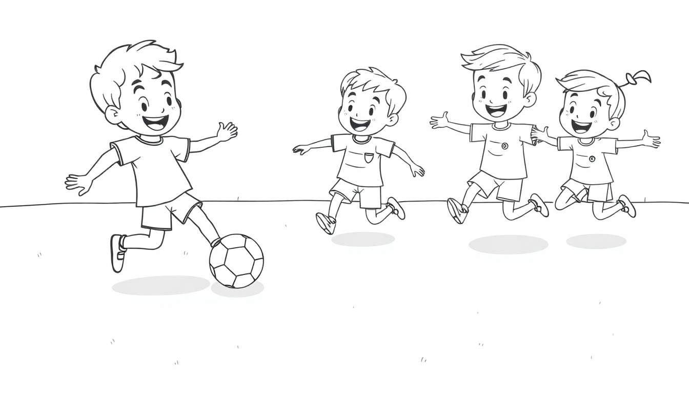 A black and white coloring page color panel of four cartoon children playing soccer.