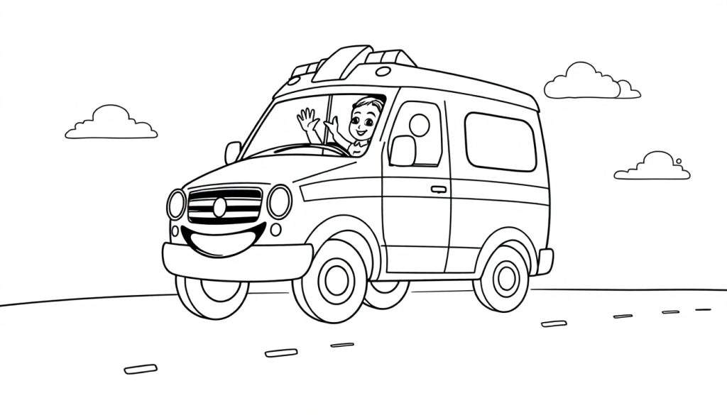 A friendly black and white cartoon ambulance with a smiley face on the front and a waving driver, on a road with clouds, a color panel for coloring.