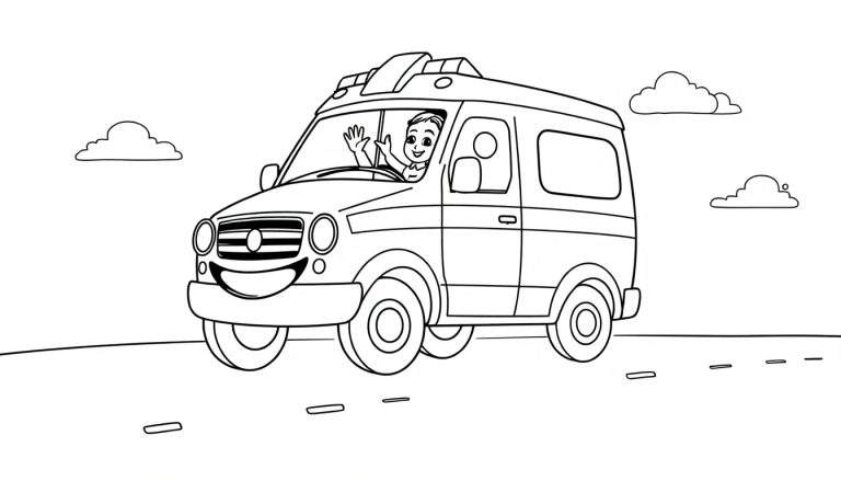 A friendly black and white cartoon ambulance with a smiley face on the front and a waving driver, on a road with clouds, a color panel for coloring.