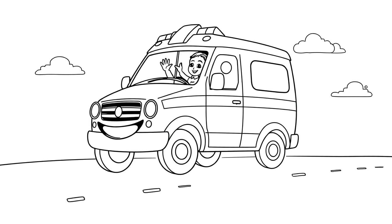 A friendly black and white cartoon ambulance with a smiley face on the front and a waving driver, on a road with clouds, a color panel for coloring.