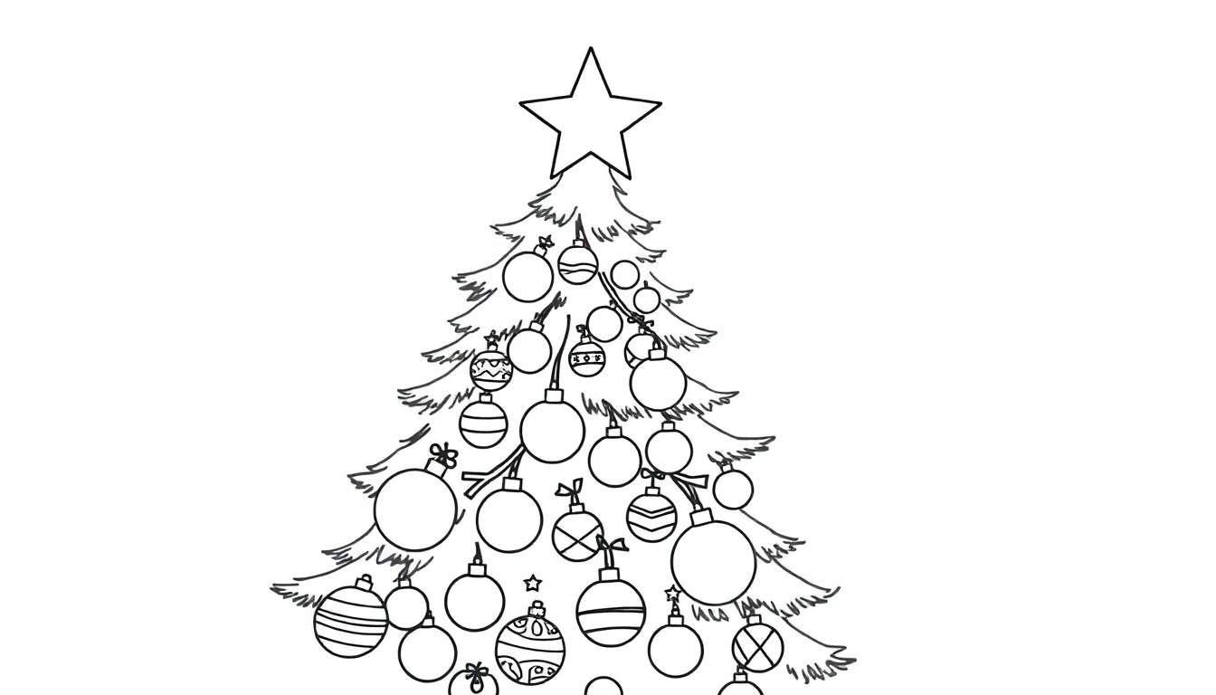 A black and white drawing of a decorated Christmas tree with a star on top, ready for coloring.