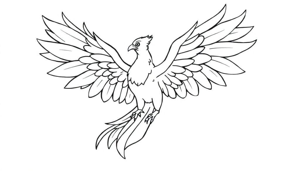 A black and white coloring panel of a phoenix in flight, its wings spread wide, with detailed feathers.