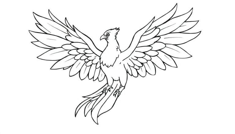 A black and white coloring panel of a phoenix in flight, its wings spread wide, with detailed feathers.
