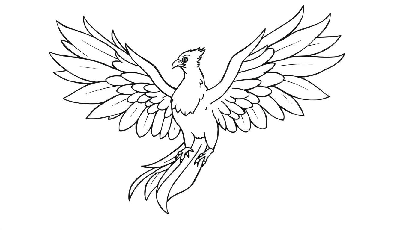 A black and white coloring panel of a phoenix in flight, its wings spread wide, with detailed feathers.