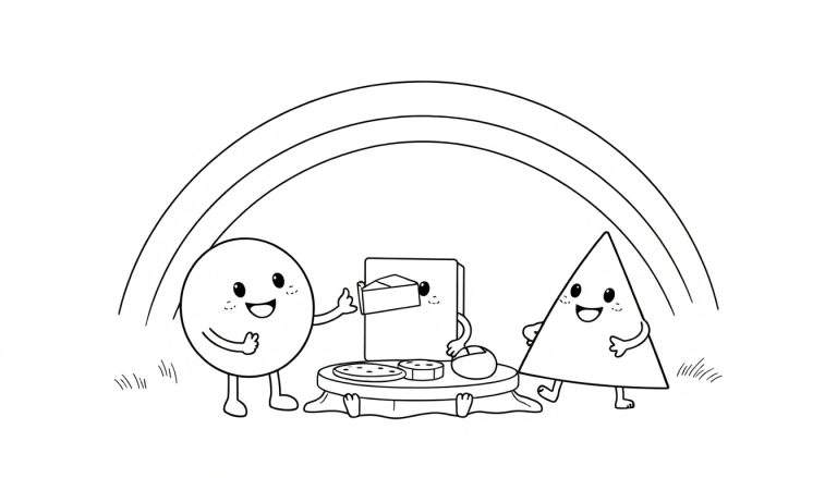 A friendly color panel featuring geometric shapes at a picnic under a rainbow.
