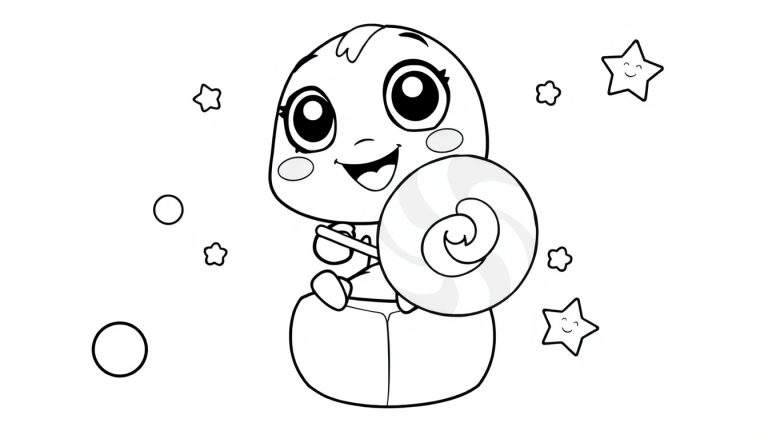 A cute snail character with a swirled shell, big eyes, and a smile, ready for a color panel.