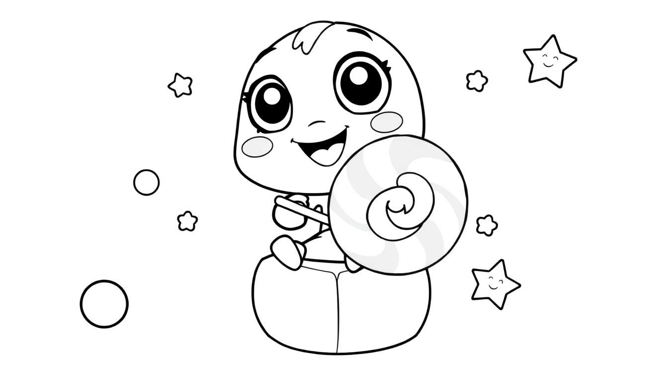 A cute snail character with a swirled shell, big eyes, and a smile, ready for a color panel.