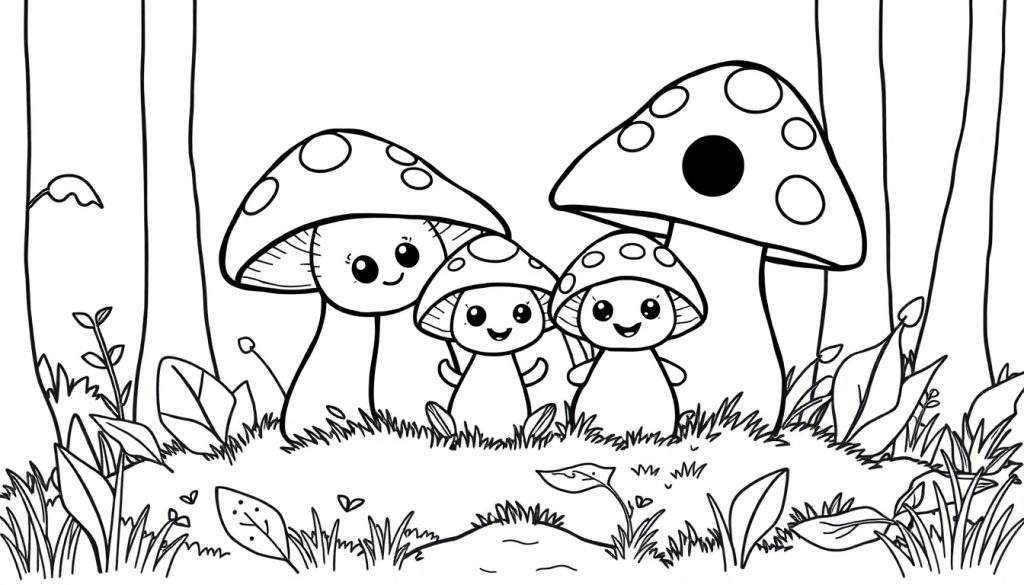 A black and white whimsical forest color panel featuring three smiling mushrooms.
