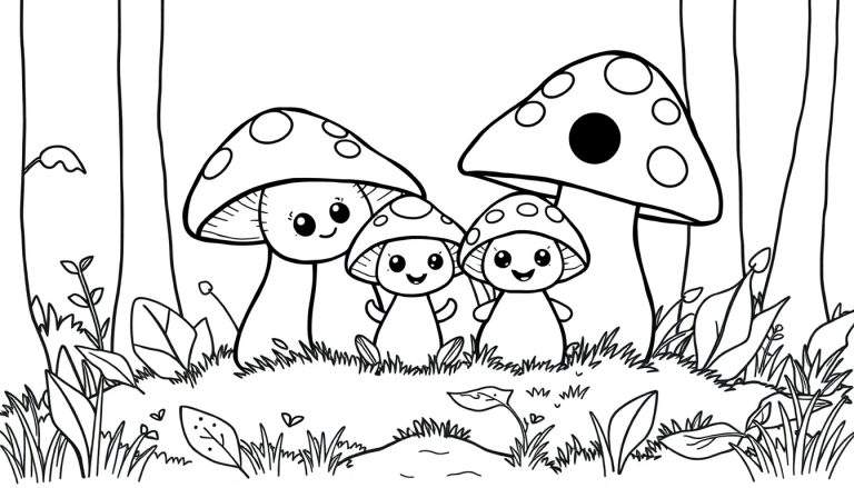 A black and white whimsical forest color panel featuring three smiling mushrooms.