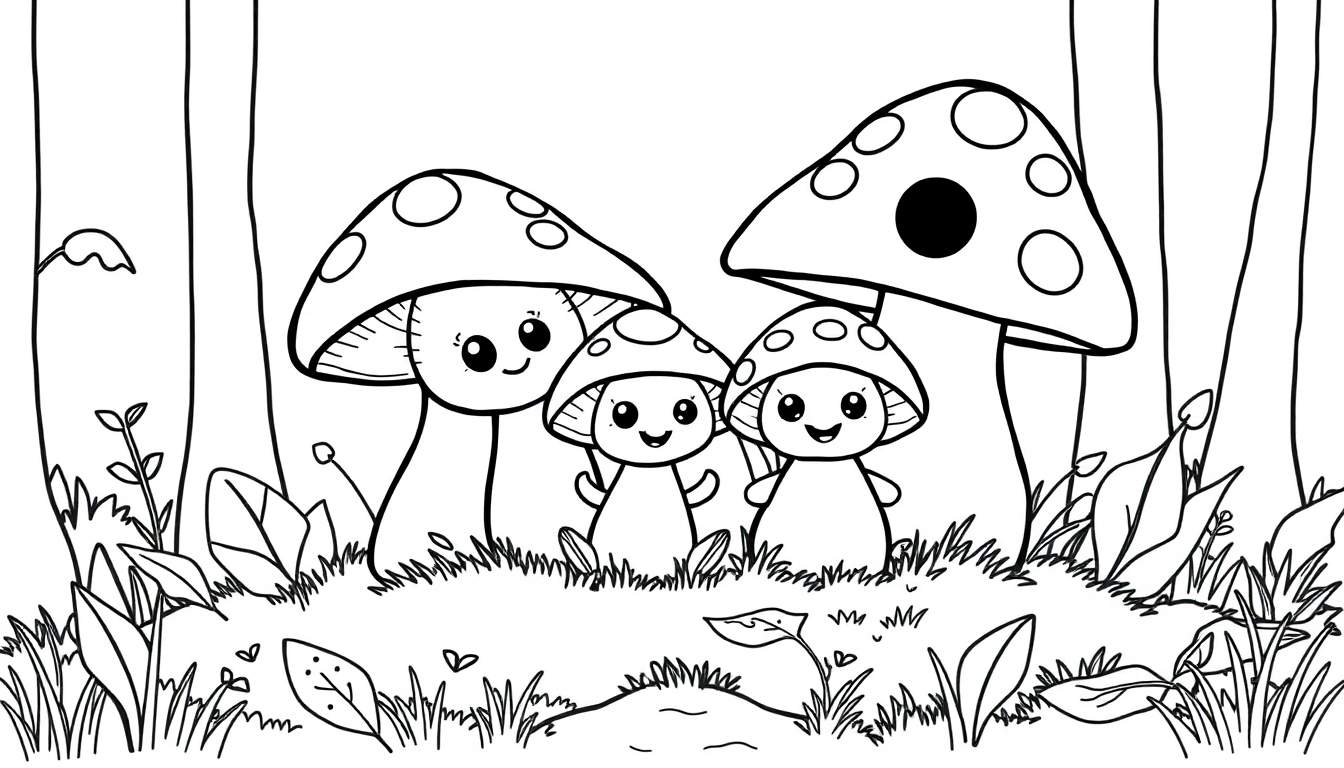 A black and white whimsical forest color panel featuring three smiling mushrooms.