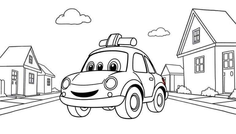 A smiling police car coloring panel driving down a street with houses and clouds.