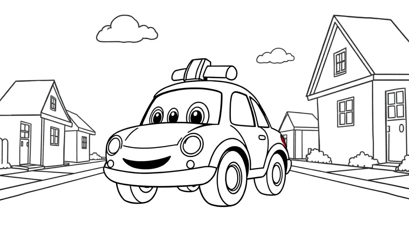 A smiling police car coloring panel driving down a street with houses and clouds.