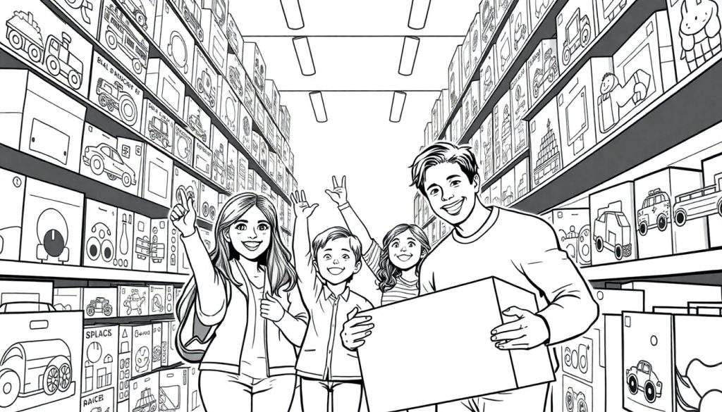 A happy family, smiling and waving in a toy store, holding colorful boxes, ready for Black Friday fun in this black and white color panel.