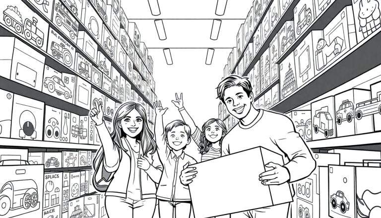 A happy family, smiling and waving in a toy store, holding colorful boxes, ready for Black Friday fun in this black and white color panel.