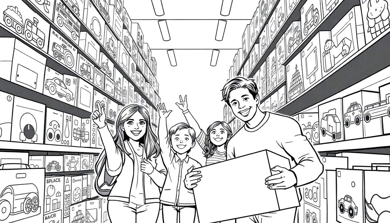 A happy family, smiling and waving in a toy store, holding colorful boxes, ready for Black Friday fun in this black and white color panel.
