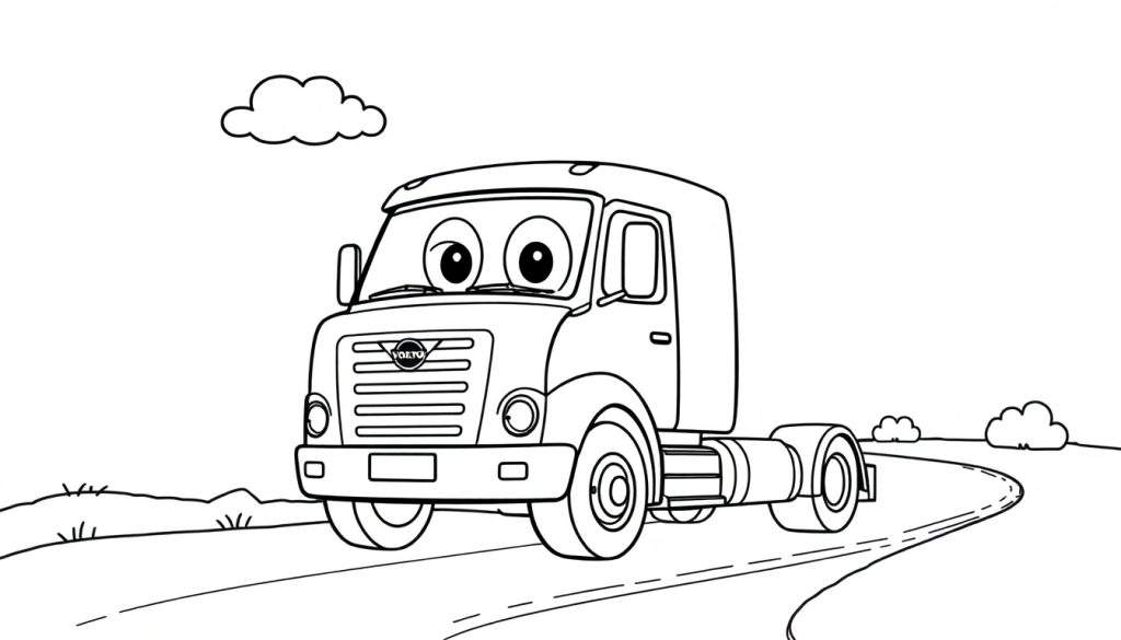 A friendly black and white Volvo truck with big eyes on a winding road, ready for coloring. This is a color panel.