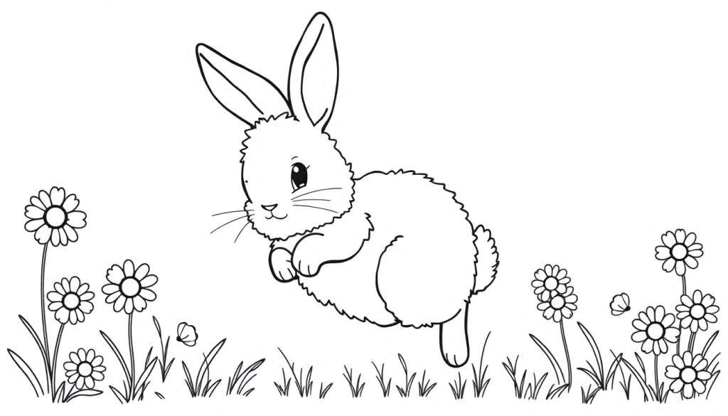 A black and white illustration of a fluffy bunny with big ears hopping through a field of daisies, ready for coloring. This is a fun color panel.