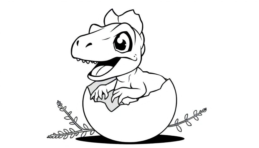 A friendly baby velociraptor peeking out of a cracked egg on a color panel.