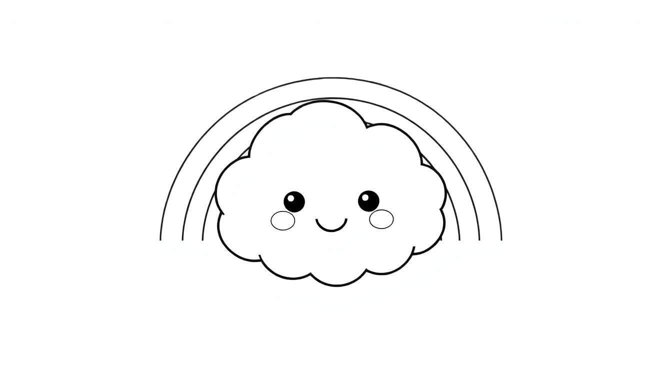 A cartoon cloud with a smiling face and a rainbow behind it, presented as a color panel.