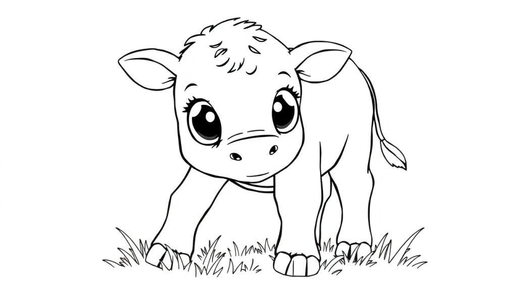 A black and white coloring page of a cute cartoon calf with big eyes standing in grass.