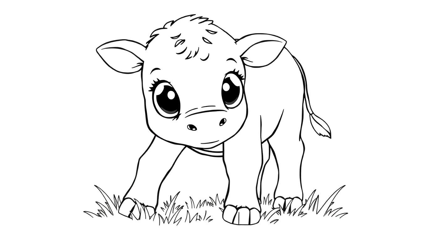 A black and white coloring page of a cute cartoon calf with big eyes standing in grass.