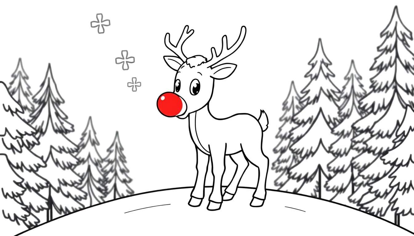 A cute baby reindeer with a big red nose, ready for coloring on this black and white color panel.