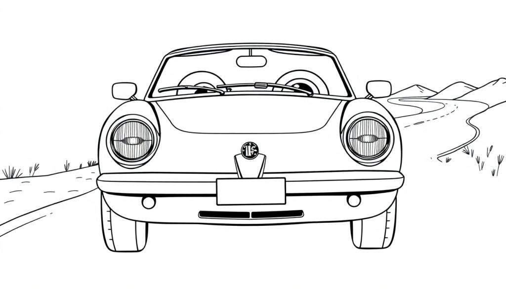 A cute black and white cartoon car with big round headlight eyes, ready for a color panel adventure.