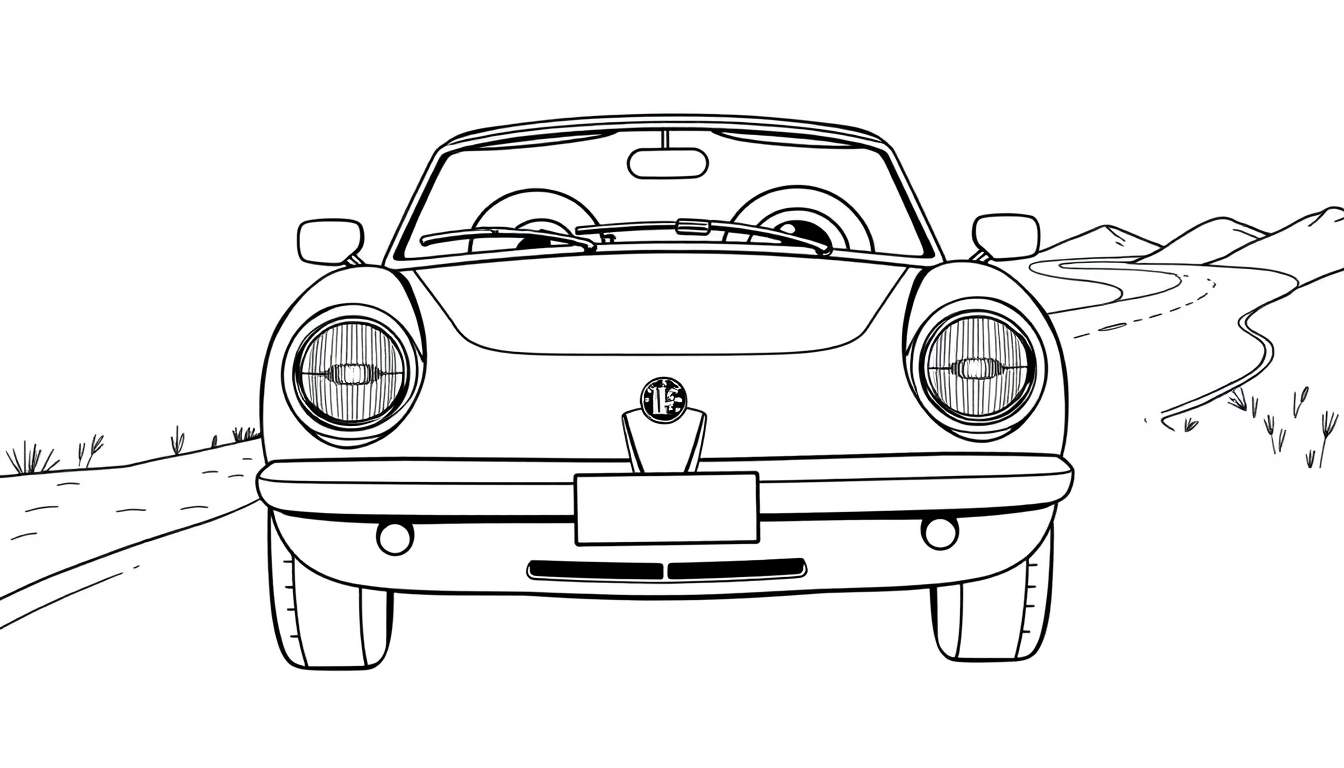 A cute black and white cartoon car with big round headlight eyes, ready for a color panel adventure.