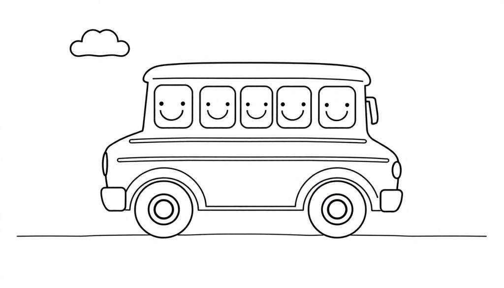 A black and white coloring page of a friendly school bus with happy wheels and windows, ready for adventure. This color panel is perfect for little artists.
