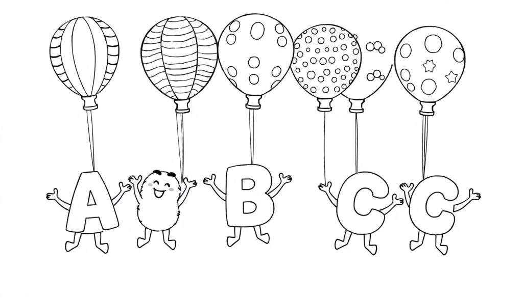 A cute black and white color panel of friendly cartoon letters A, B, and two Cs, along with a potato character, learning to fly with patterned balloons!