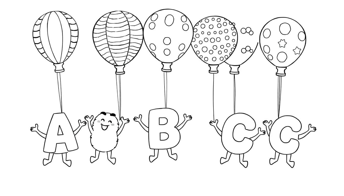 A cute black and white color panel of friendly cartoon letters A, B, and two Cs, along with a potato character, learning to fly with patterned balloons!