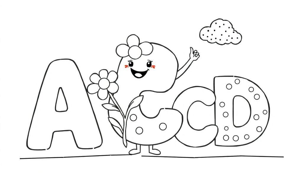 A cute black and white coloring page of big, friendly letters from the alphabet playing together. Each letter has a happy face and fun patterns to color! A color panel.