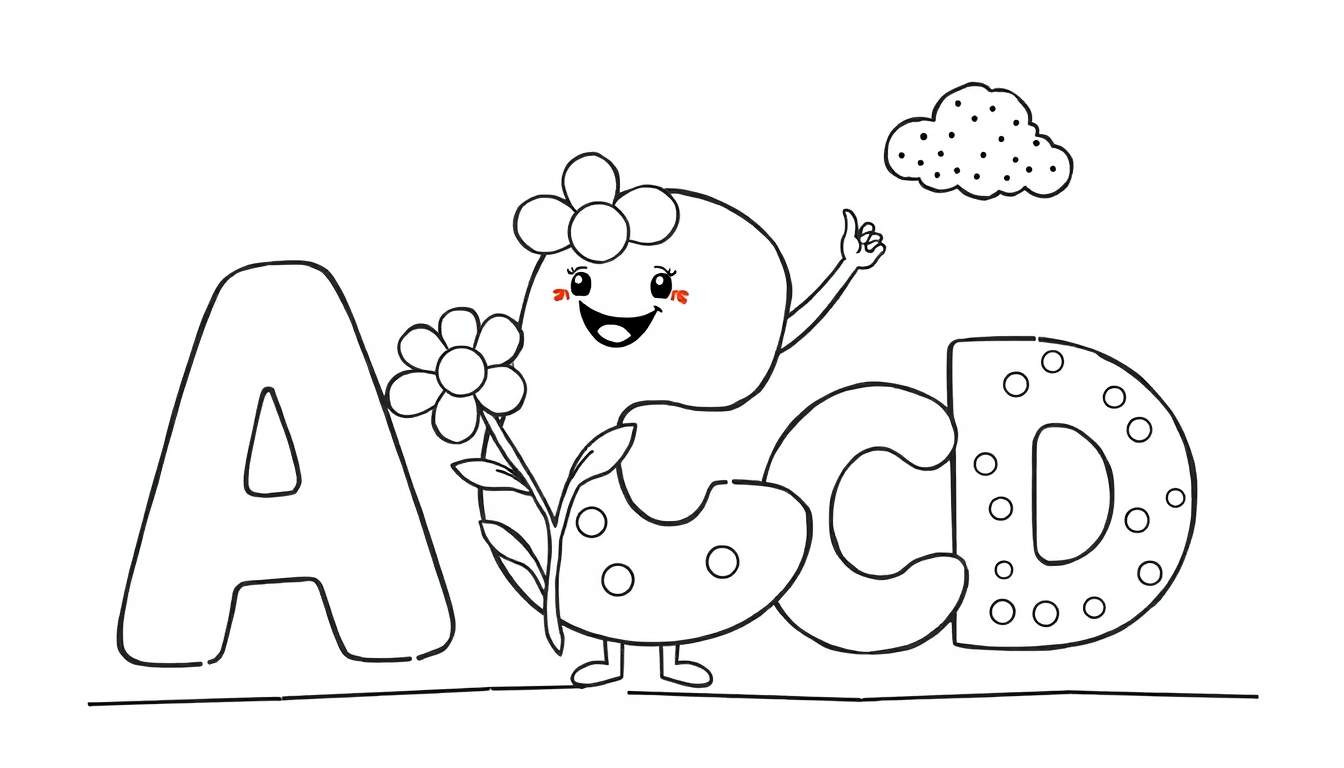 A cute black and white coloring page of big, friendly letters from the alphabet playing together. Each letter has a happy face and fun patterns to color! A color panel.