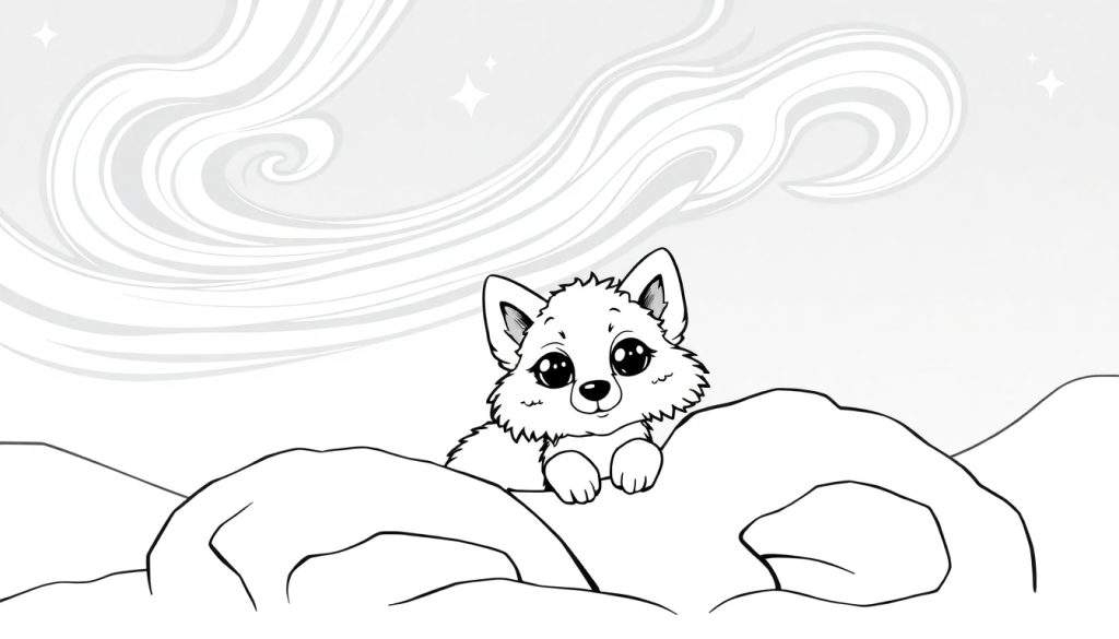 A cute cartoon arctic fox cub peeking over snow-covered rocks, ready for coloring, with a colorful aurora borealis and stars in the background. This is a wonderful color panel for kids.