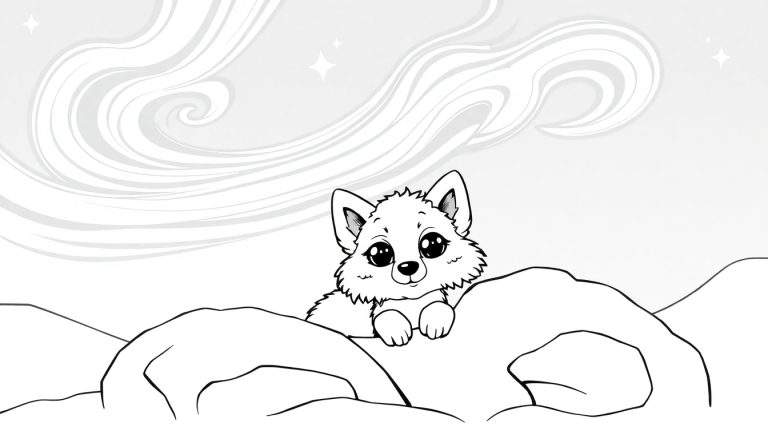 A cute cartoon arctic fox cub peeking over snow-covered rocks, ready for coloring, with a colorful aurora borealis and stars in the background. This is a wonderful color panel for kids.