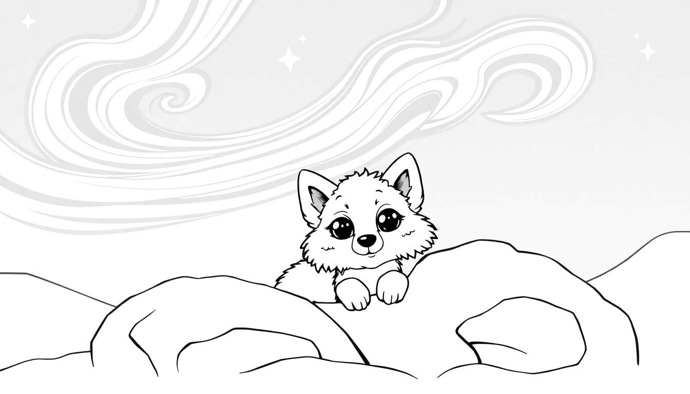 A cute cartoon arctic fox cub peeking over snow-covered rocks, ready for coloring, with a colorful aurora borealis and stars in the background. This is a wonderful color panel for kids.