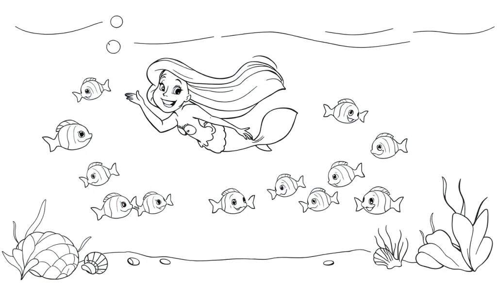 A black and white coloring page illustration of Ariel the mermaid swimming with happy fish. This color panel shows seashells and seaweed on the seabed. The water's surface is indicated by wavy lines and bubbles.