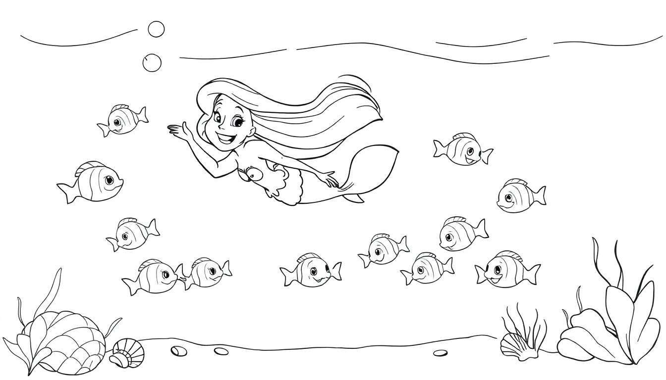 A black and white coloring page illustration of Ariel the mermaid swimming with happy fish. This color panel shows seashells and seaweed on the seabed. The water's surface is indicated by wavy lines and bubbles.