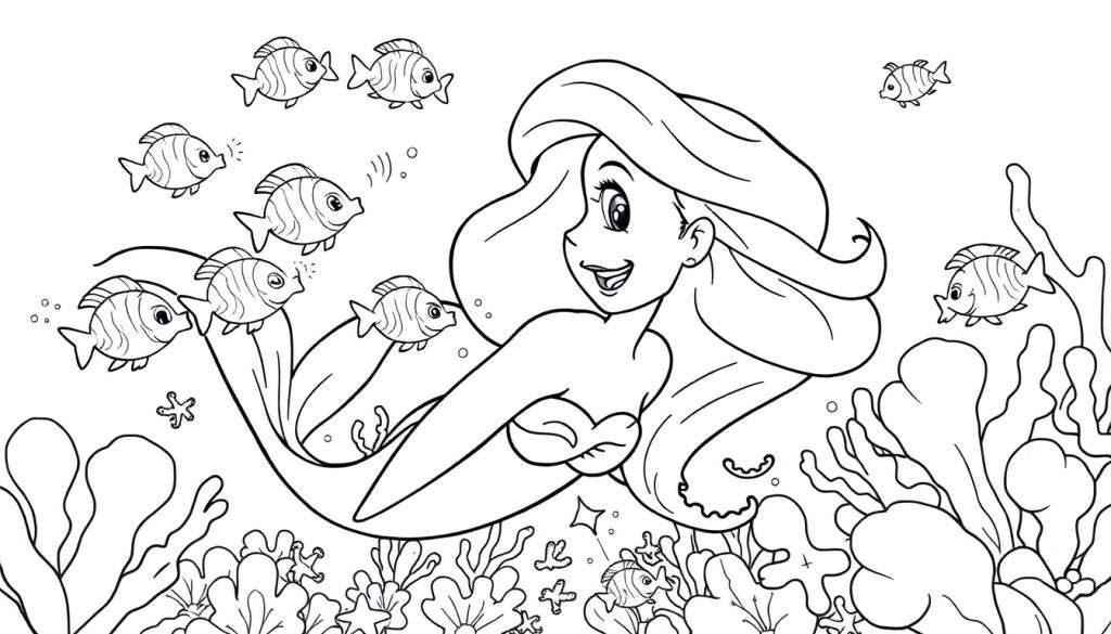 Ariel the mermaid swimming with fish and coral, a black and white color panel.