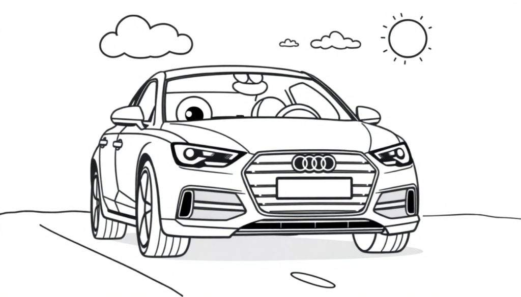 A cute black and white cartoon drawing of an Audi A3 car with cartoon eyes on the windshield, on a road with clouds and a sun above. A fun color panel for kids.