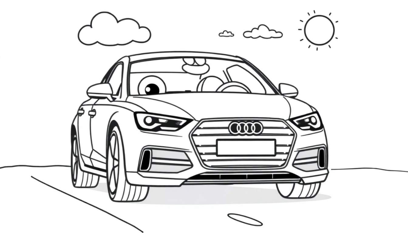 A cute black and white cartoon drawing of an Audi A3 car with cartoon eyes on the windshield, on a road with clouds and a sun above. A fun color panel for kids.
