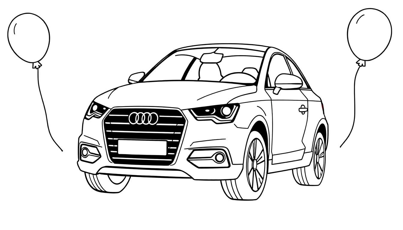 A cute black and white line art Audi car, smiling, with two balloons on strings on either side, ready for a color panel.